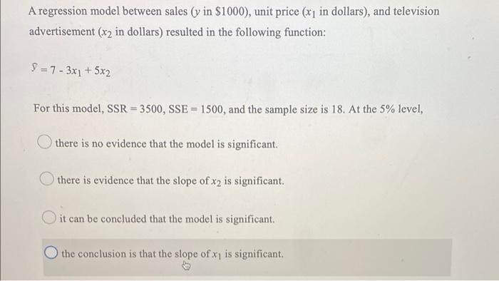 A Regression Model Between Sales Y In 1000 Unit Price X1 In Dollars And Television Advertisement X2 In Dollars 1