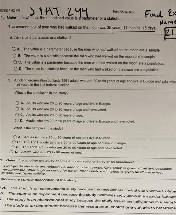 2722 1 42 Pm Print Questions 1 Determine Whether The Underlined Value Is A Parameter Or A Statistic Sat 244 3 Final E 1
