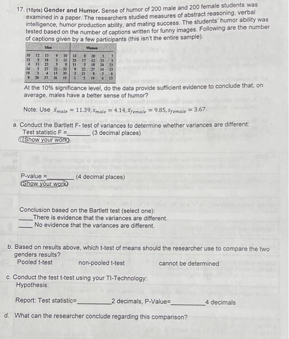 17 10pts Gender And Humor Sense Of Humor Of 200 Male And 200 Female Students Was Examined In A Paper The Researcher 1