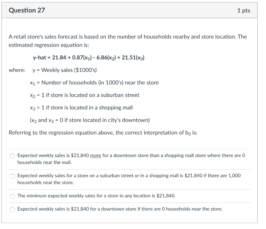 Question 27 1 Pts A Retail Store S Sales Forecast Is Based On The Number Of Households Nearby And Store Location The Es 1
