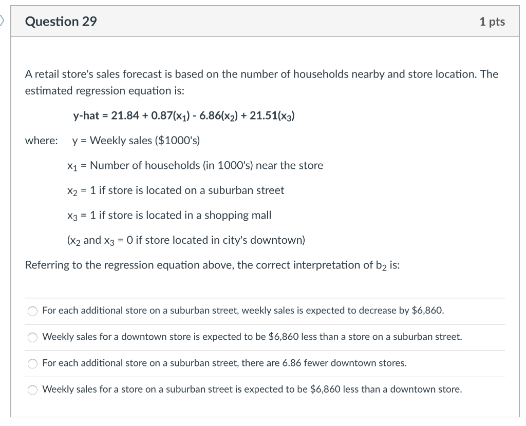 Question 29 1 Pts A Retail Store S Sales Forecast Is Based On The Number Of Households Nearby And Store Location The Es 1