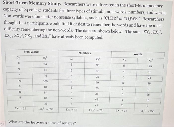 Short Term Memory Study Researchers Were Interested In The Short Term Memory Capacity Of 24 College Students For Three 1