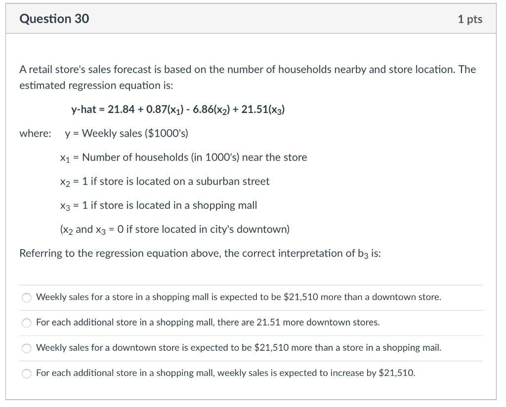 Question 30 1 Pts A Retail Store S Sales Forecast Is Based On The Number Of Households Nearby And Store Location The Es 1