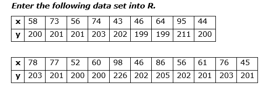 Enter The Following Data Set Into R X 58 73 56 74 43 64 95 44 Y 200 201 201 203 202 199 199 211 200 46 X Y 203 201 200 1