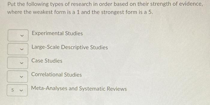 Put The Following Types Of Research In Order Based On Their Strength Of Evidence Where The Weakest Form Is A 1 And The 1