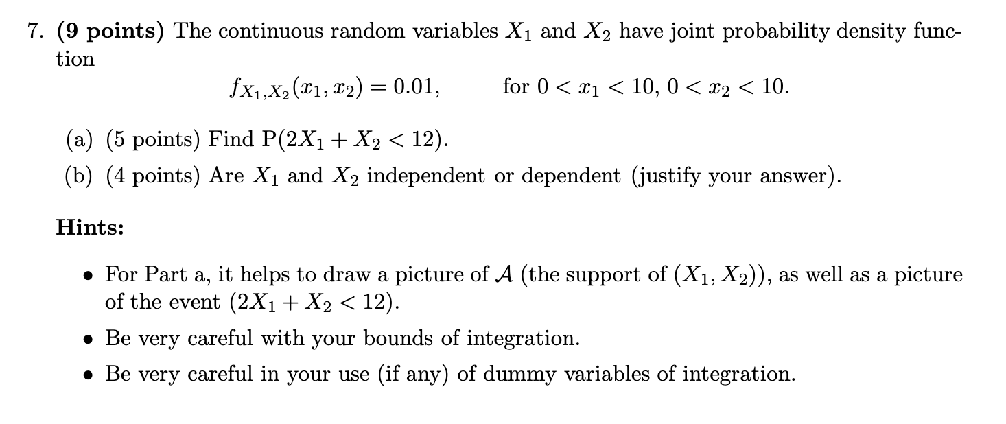 7 9 Points The Continuous Random Variables X1 And X2 Have Joint Probability Density Func Tion Fx1 X2 C1 12 0 01 1
