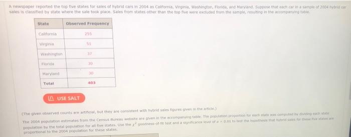 A Newspaper Reported The Top Five States For Sales Of Hybrid Cars In 2004 As California Virglieta Washington Florida 1
