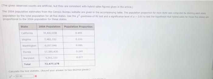 A Newspaper Reported The Top Five States For Sales Of Hybrid Cars In 2004 As California Virglieta Washington Florida 2