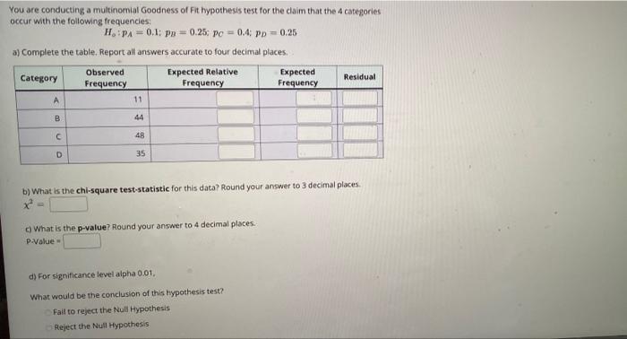 You Are Conducting A Multinomial Goodness Of Fit Hypothesis Test For The Claim That The 4 Categories Occur With The Foll 1
