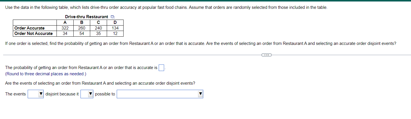 Use The Data In The Following Table Which Lists Drive Thru Order Accuracy At Popular Fast Food Chains Assume That Orde 1