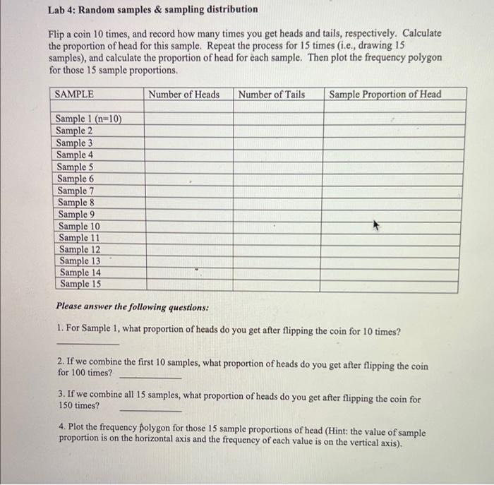 Lab 4 Random Samples Sampling Distribution Flip A Coin 10 Times And Record How Many Times You Get Heads And Tails R 1