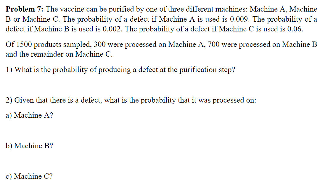 A Problem 7 The Vaccine Can Be Purified By One Of Three Different Machines Machine A Machine B Or Machine C The Prob 1