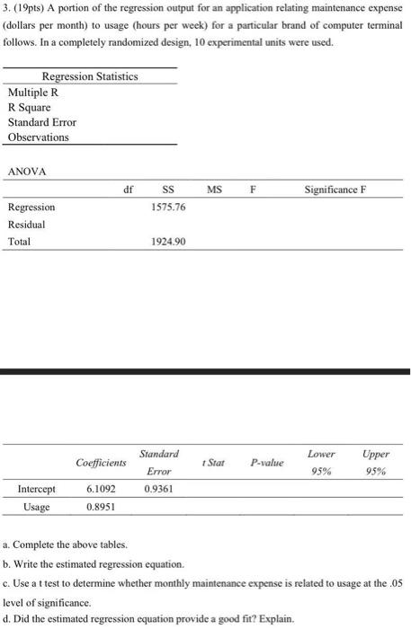 3 19pts A Portion Of The Regression Output For An Application Relating Maintenance Expense Dollars Per Month To Usa 1