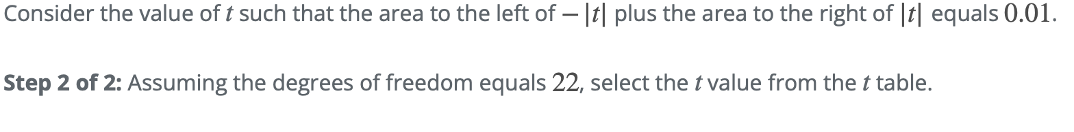 Consider The Value Of T Such That The Area To The Left Of T Plus The Area To The Right Of T Equals 0 01 Step 2 Of 1