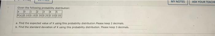 My Notes Ask Your Teache Given The Following Probability Distribution 0 11 2 3 4 S Pix 0 100 150 35 0 250 10 0 05 A F 1