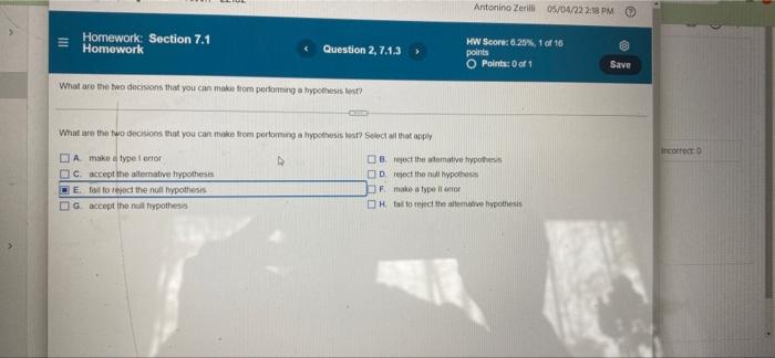Antonino Zerit 05 04 22 18 Pm Iii Homework Section 7 1 Homework Question 2 7 1 3 Hw Score 0 26 1 Of 10 Points O Po 1