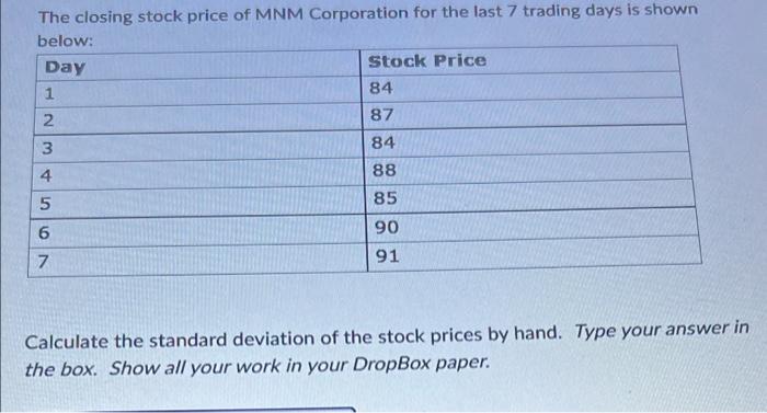 The Closing Stock Price Of Mnm Corporation For The Last 7 Trading Days Is Shown Below Day Stock Price 1 84 2 87 3 84 88 1