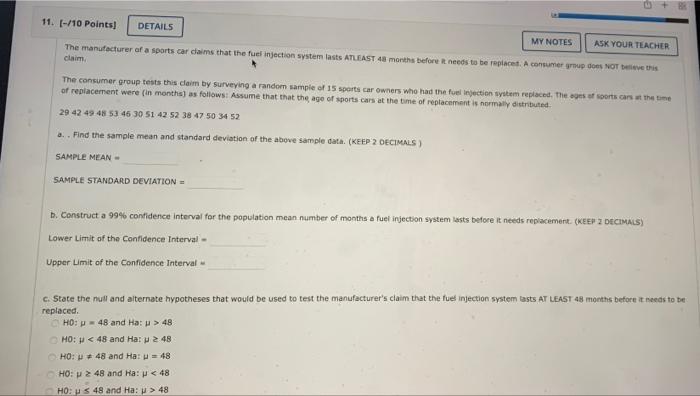 11 10 Points Details My Notes Ask Your Teacher The Manufacturer Of A Sports Car Claims That The Fuel Injection Syst 1