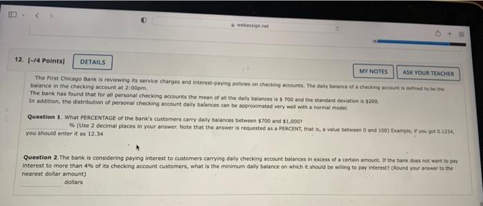 Websit 12 4 Points Details My Notes Ask Your Teacher The First Chicago Bank Is Reviewing Its Service Charges And I 1