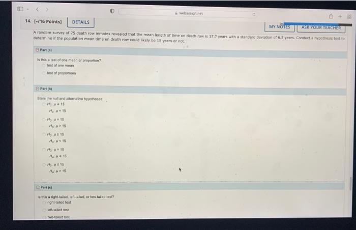 Websign Net 14 16 Points Details My Notes Asr Your Teacher A Random Survey Of 75 Deathrow Inmates Revealed That The 1