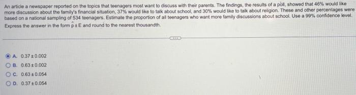 An Article A Newspaper Reported On The Topics That Teenagers Most Want To Discuss With Their Parents The Findings The 1