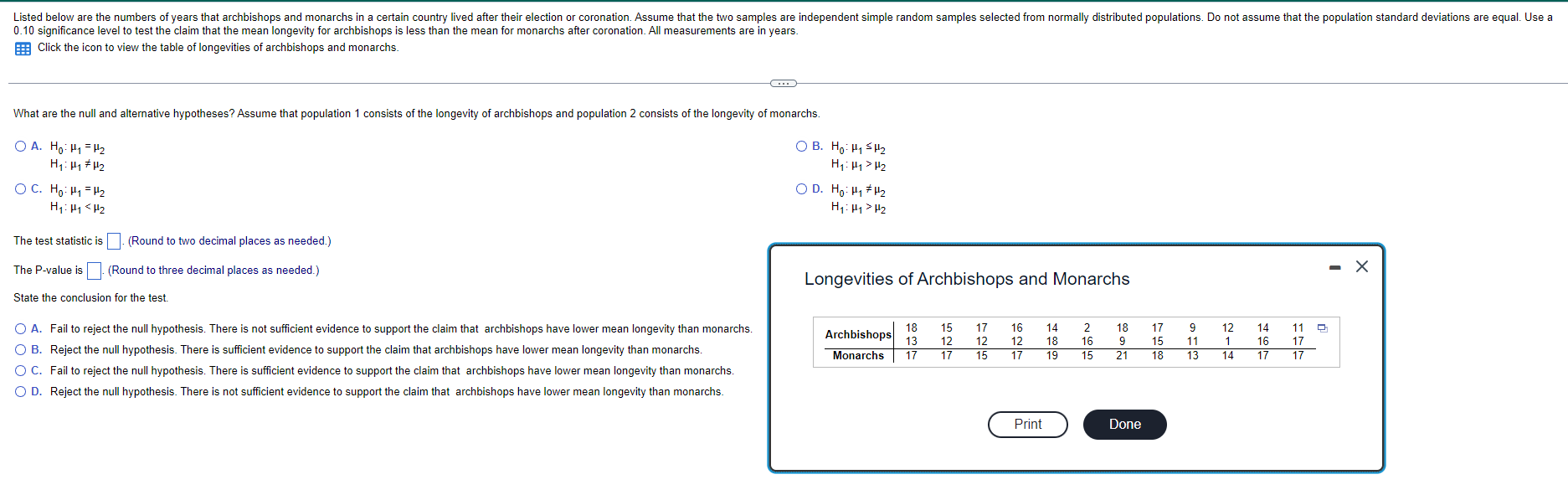 Listed Below Are The Numbers Of Years That Archbishops And Monarchs In A Certain Country Lived After Their Election Or C 1