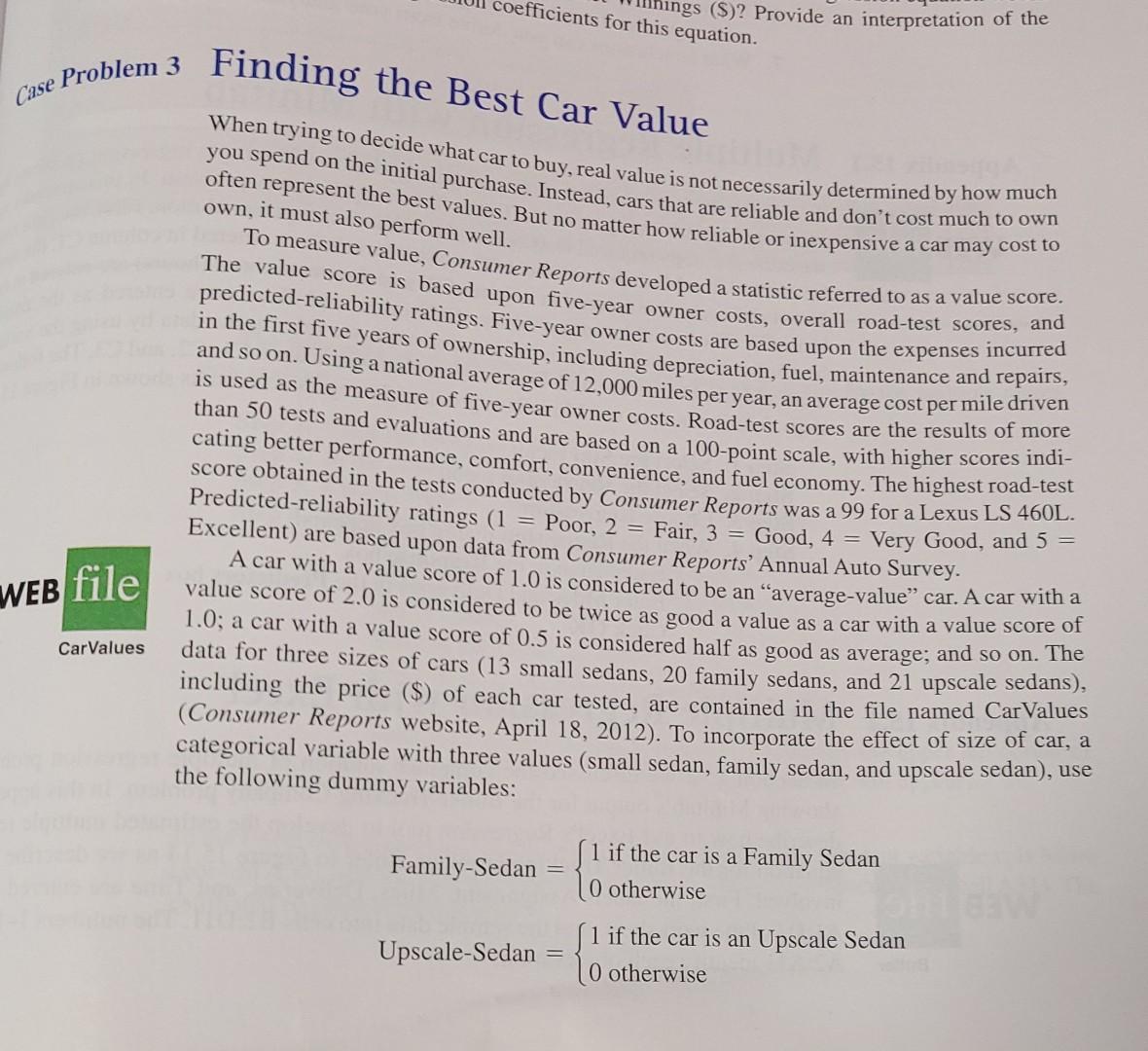 Coefficients For This Equation Nings S Provide An Interpretation Of The Finding The Best Car Value Case Problem 3 Wh 1