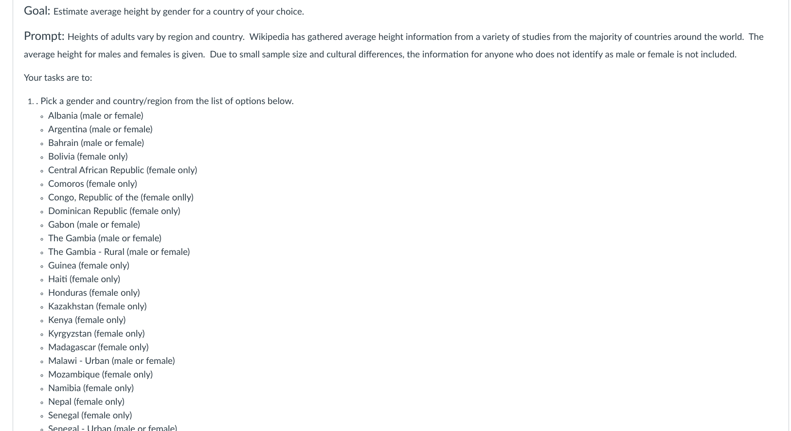 Goal Estimate Average Height By Gender For A Country Of Your Choice Prompt Heights Of Adults Vary By Region And Count 1