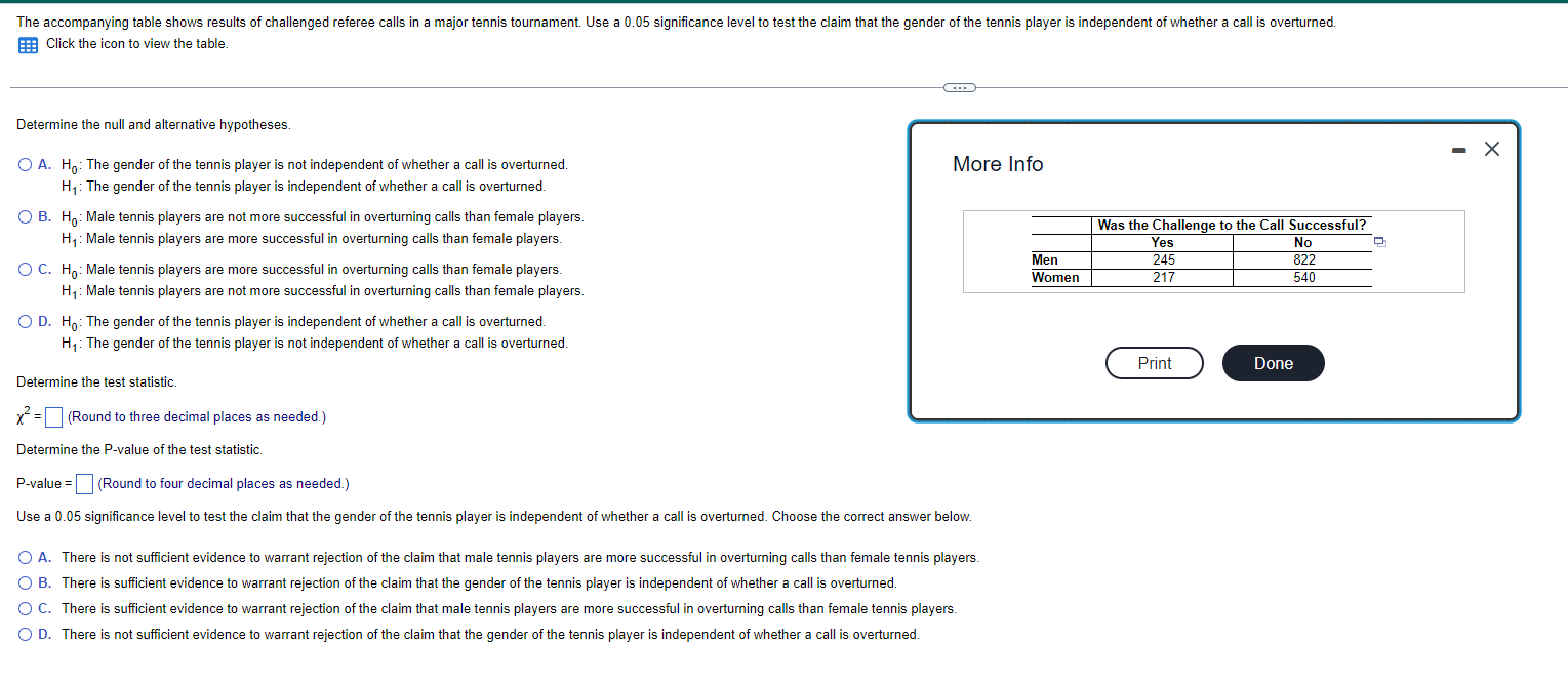 The Accompanying Table Shows Results Of Challenged Referee Calls In A Major Tennis Tournament Use A 0 05 Significance L 1