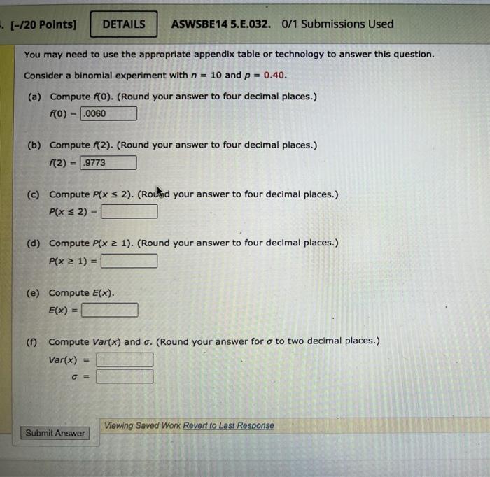 20 Points Details Aswsbe14 5 E 032 0 1 Submissions Used You May Need To Use The Appropriate Appendix Table Or Tec 1