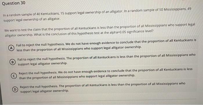 Question 29 In A Random Sample Of 40 Kentuckians 15 Support Legal Ownership Of An Alligator In A Random Sample Of 50 M 2