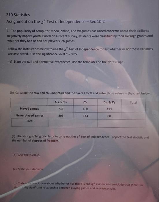 210 Statistics Assignment On The X Test Of Independence Sec 10 2 1 The Popularity Of Computer Video Online And Vr G 1