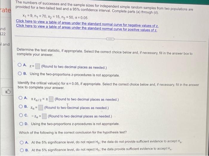 Te The Numbers Of Successes And The Sample Sizes For Independent Simple Random Samples From Two Populations Are Provided 3