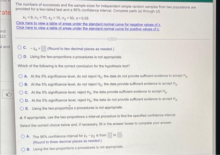 Te The Numbers Of Successes And The Sample Sizes For Independent Simple Random Samples From Two Populations Are Provided 4