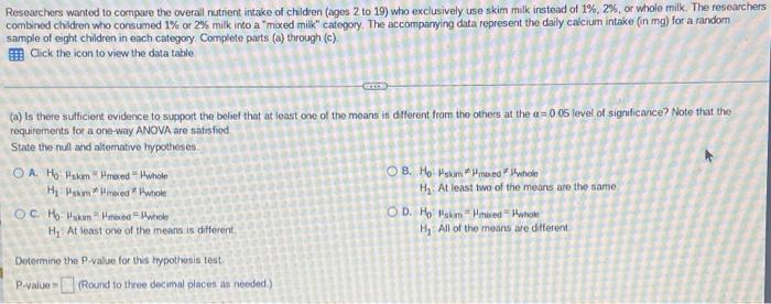 Researchers Wanted To Compare The Overall Nutrient Intake Of Children Ages 2 To 19 Who Exclusively Use Skim Milk Inste 1