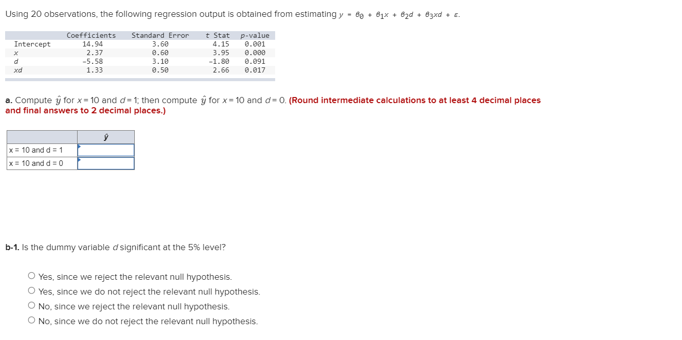 Using 20 Observations The Following Regression Output Is Obtained From Estimating Y Bo B1x B2d B3xd E Interc 1