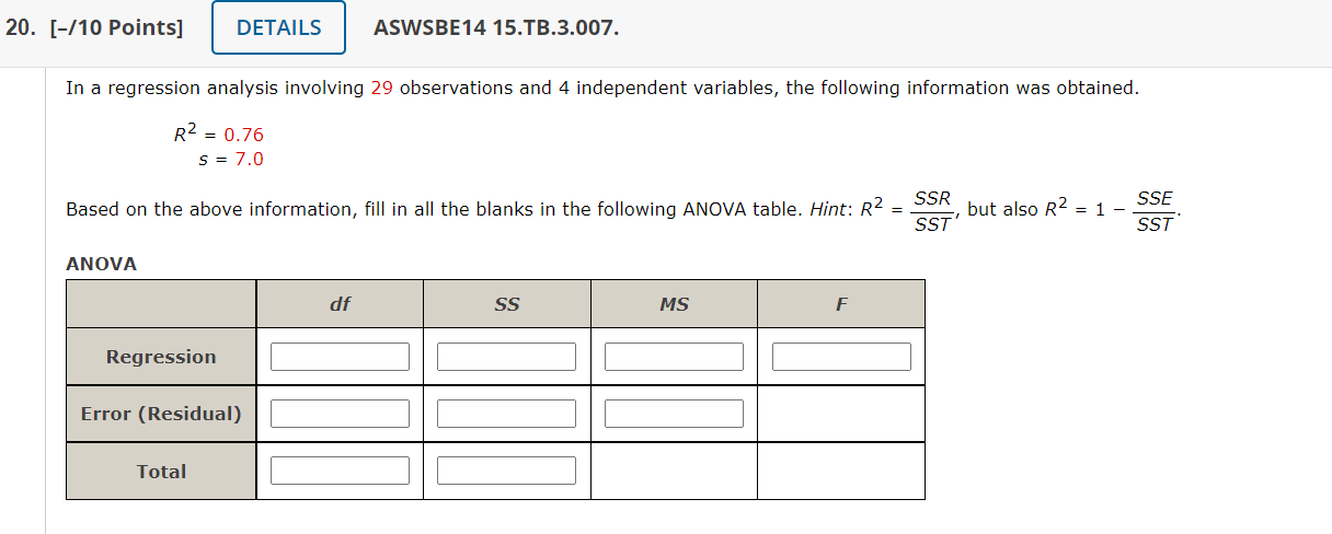 20 10 Points Details Aswsbe14 15 Tb 3 007 In A Regression Analysis Involving 29 Observations And 4 Independent Var 1