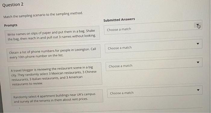 Question 2 Match The Sampling Scenario To The Sampling Method Submitted Answers Prompts Choose A Match Write Names On S 1