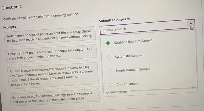 Question 2 Match The Sampling Scenario To The Sampling Method Submitted Answers Prompts Choose A Match Write Names On S 2