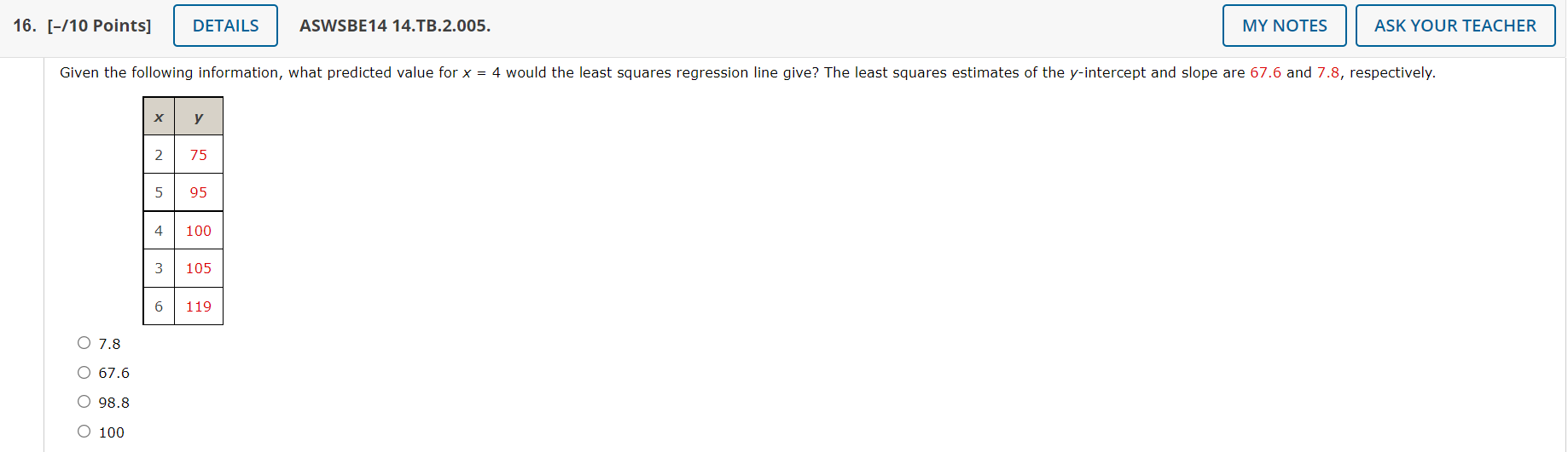 16 10 Points Details Aswsbe14 14 Tb 2 005 My Notes Ask Your Teacher Given The Following Information What Predicte 1
