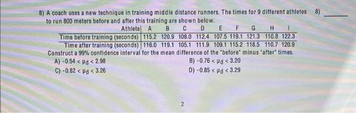 8 A Coach Uses A New Technique In Training Middle Distance Runners The Times For 9 Different Athletes 8 To Run 800 Me 1