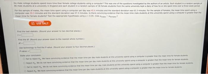 Do Male College Students Spend More Time Than Female College Students Using A Computer This Was One Of The Questions In 1