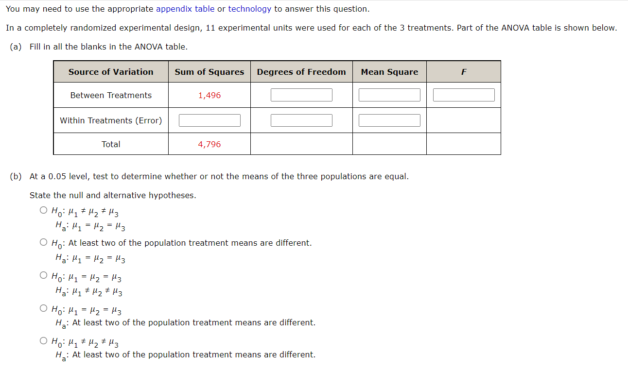 You May Need To Use The Appropriate Appendix Table Or Technology To Answer This Question In A Completely Randomized Exp 1