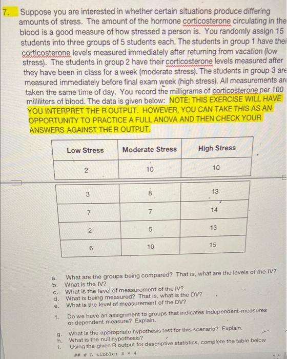 7 Suppose You Are Interested In Whether Certain Situations Produce Differing Amounts Of Stress The Amount Of The Hormo 1