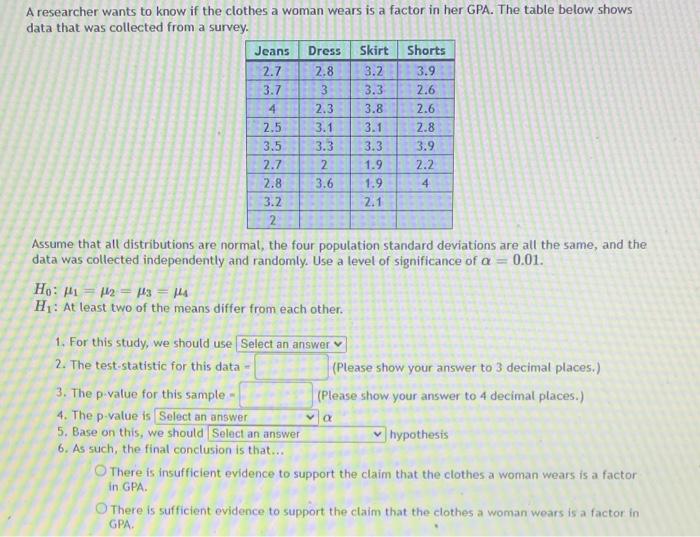 4 A Researcher Wants To Know If The Clothes A Woman Wears Is A Factor In Her Gpa The Table Below Shows Data That Was Co 1