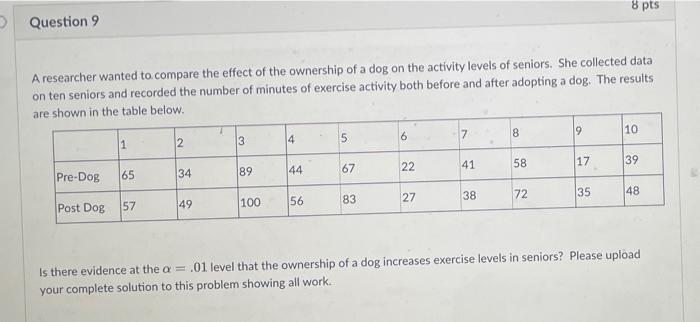 8 Pts Question 9 A Researcher Wanted To Compare The Effect Of The Ownership Of A Dog On The Activity Levels Of Seniors 1