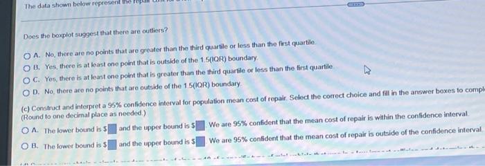 The Data Shown Below Represent The Repair Cost For A Low Impact Colinion In A Simple Random Sample Of Mail And Micro Veh 3