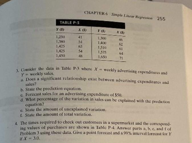Chapter 6 Simple Linear Regression 255 Table P 3 Y 5 X S Y 5 X 1 250 1 250 1 425 1 425 1 450 41 54 63 54 48 1 1