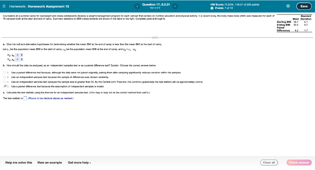 C Calculate The Test Statistic Using The Formula For An Independent Samples Test Round To Two Decimal Places D Cal 1