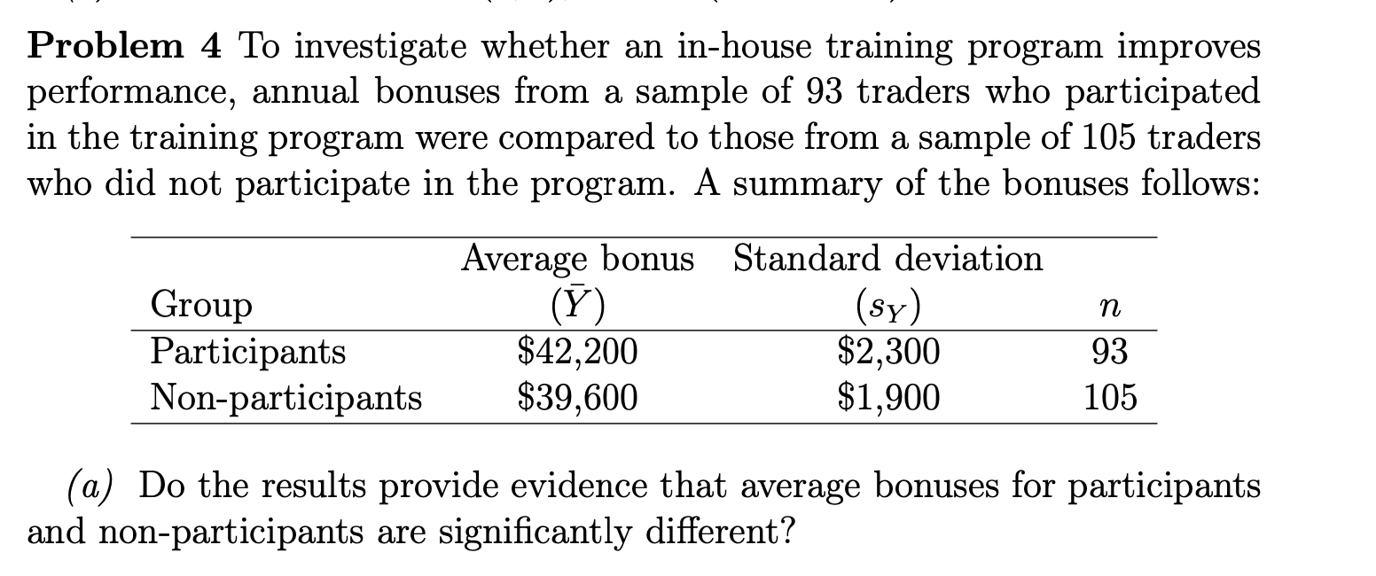 Problem 4 To Investigate Whether An In House Training Program Improves Performance Annual Bonuses From A Sample Of 93 T 1